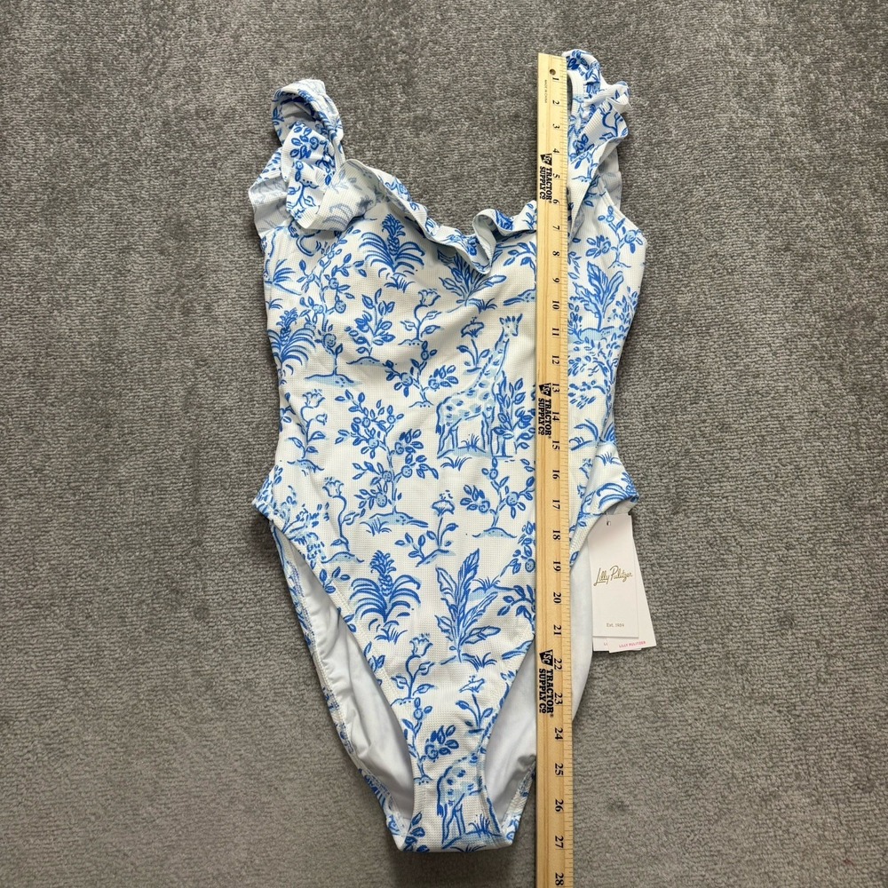 NWT Lilly Pulitzer Size 8 Aemma Ruffle Swim Suit White Blue Tall Tales Giraffe - Picture 6 of 13